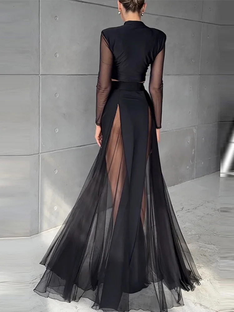 Black Mesh Summer Dress For Women Elegant V Neck Long Sleeve Crop Top Aline Skirt Chic Lady Suit Streetwear 250811