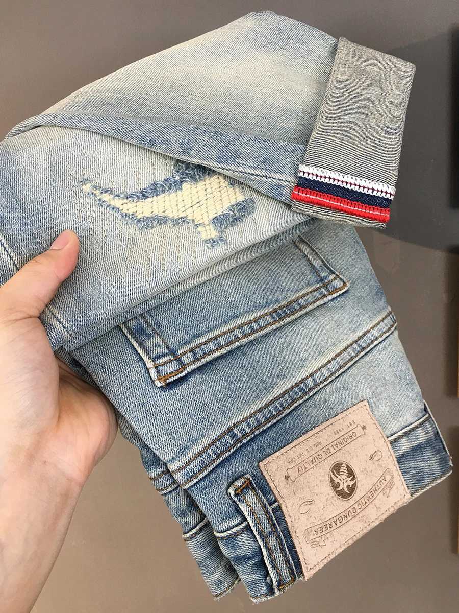 2025 Spring Stretch Ripped Patch Denim Jeans for Men American Vintage Casual High-Street Trend Ink Splatter Slim Straight Pants X250812