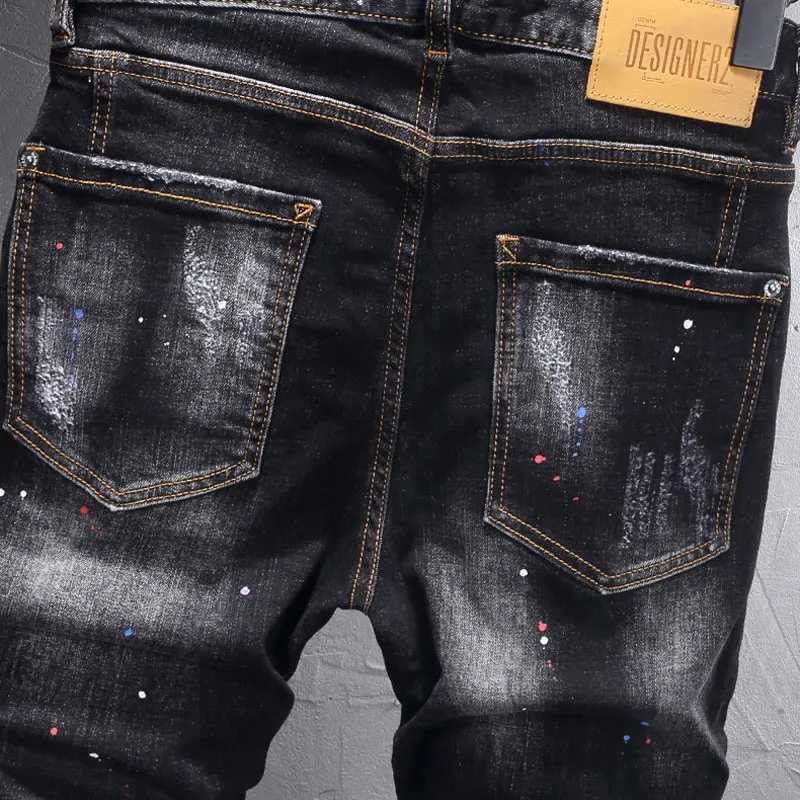 Street Fashion Men Jeans Retro Black Gray Stretch Slim Fit Painted Ripped Jeans Men Pocket Designer Vintage Denim Pants Hombre X250812