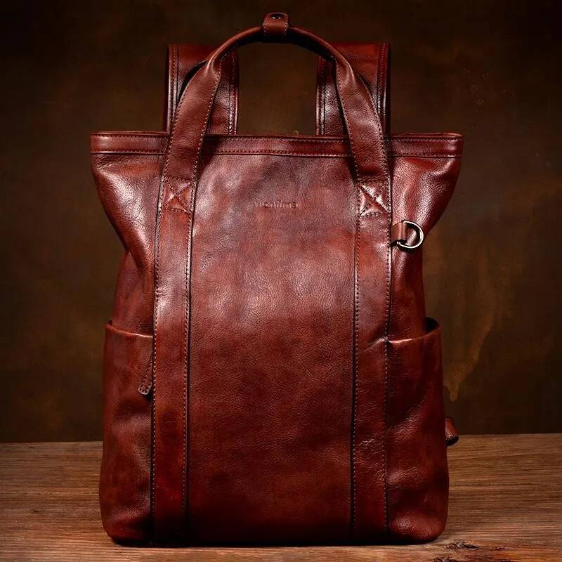 New vintage handmade patina backpack, Japanese style large capacity leather laptop bag for men and women high-quality