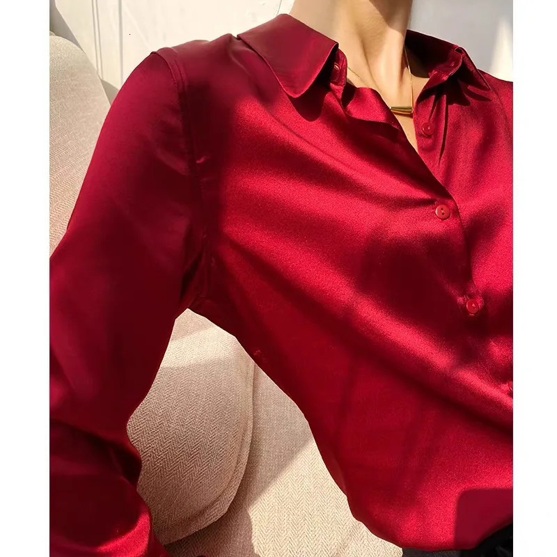 Spring Autumn Elagant Satin Womens Blouse 2025 Long Sleeve Turndown Collar Korean Casual Loose Office Lady Shirts Female 250808