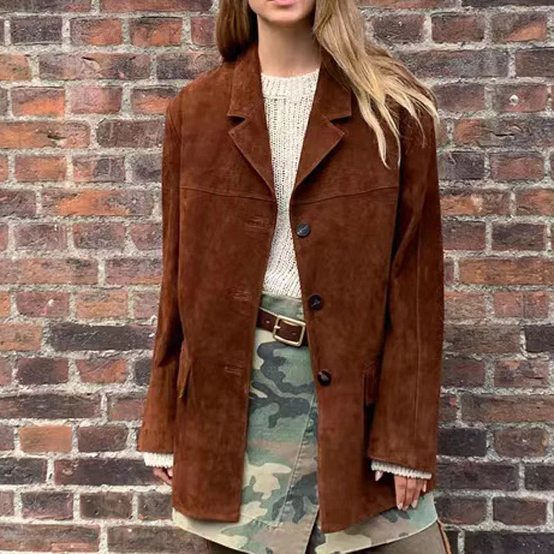 Vintage Brown Kid Suede Jacket for Women 2025 High Sense Loose Oversized Leather Suit Blazer Female Casual Coat Streetwear 250811