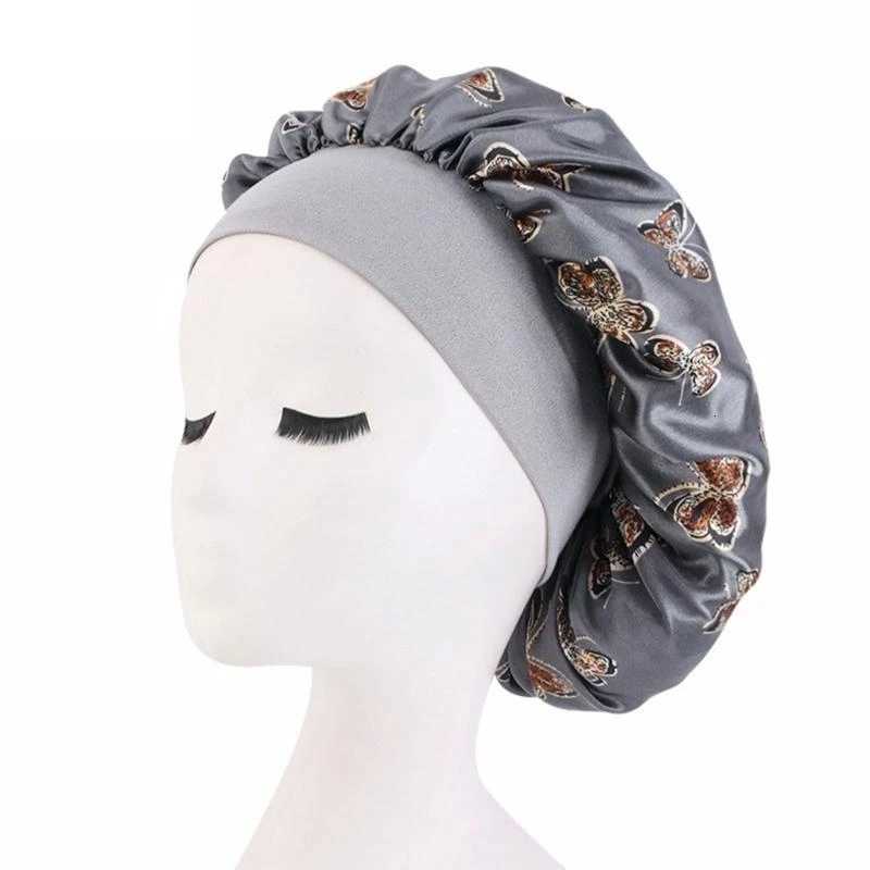 Butterfly Print Satin Sleeping Cap Wide Brim Nightcap Hair Care Turban Chemo Hat for Washing Face Skin-Caring Makeup XJ250812
