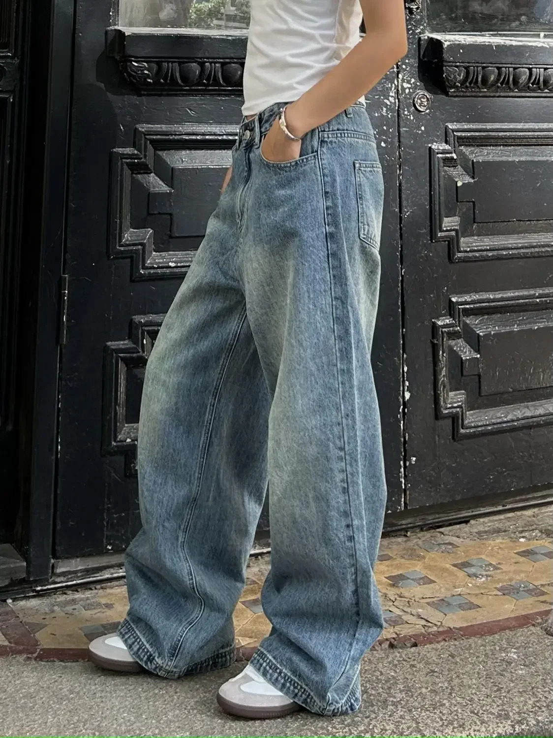 Vintage Aesthetic Emo Loose Washed Pants Summer Womens Casual Blue Harajuku Jeans Y2K Wide Leg Punk Baggy Denim Trouser 250811