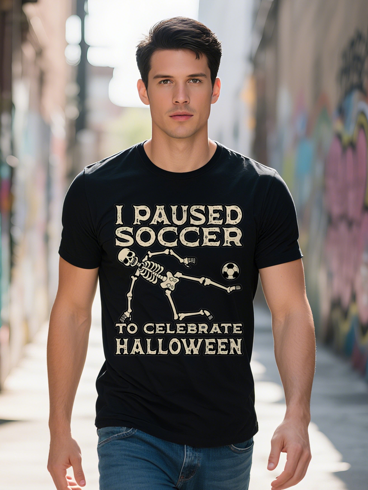 Playful Humor Men's Skeleton Graphic T-Shirt Black Casual Crew Neck Tee with 'I Paused My Soccer to Celebrate' Print