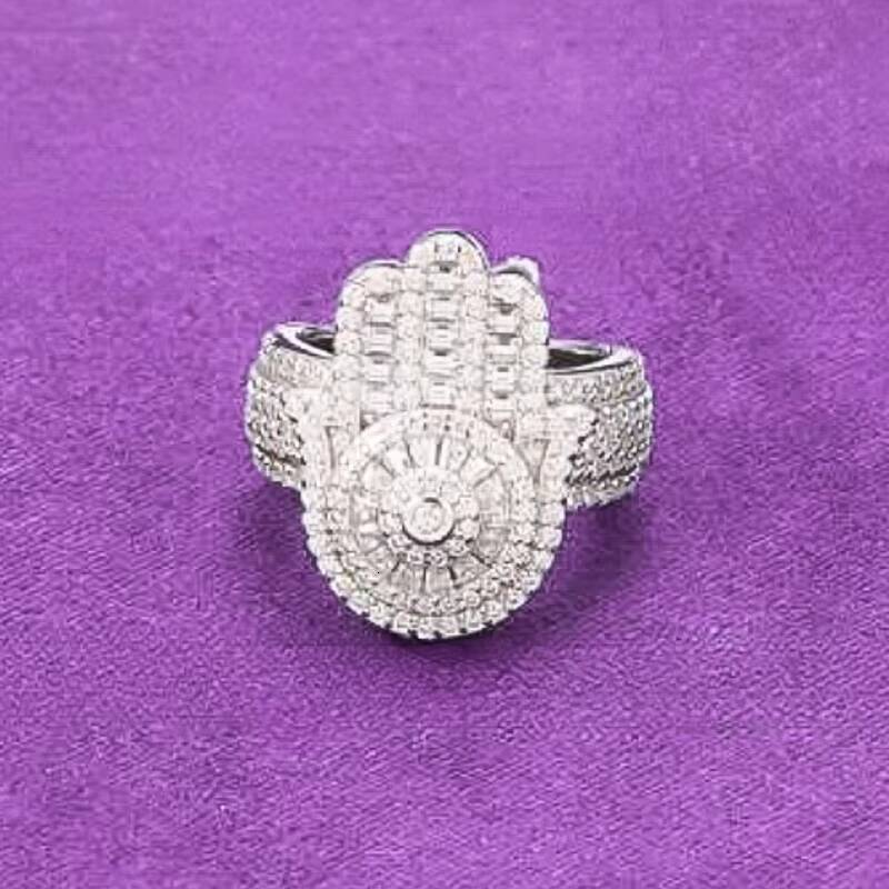 Pass Diamond Tester Hip Hop Bling D Color Moissanite Iced Out Mens Baguette Hamsa Hand Ring With 925 Sterling Silver GRA