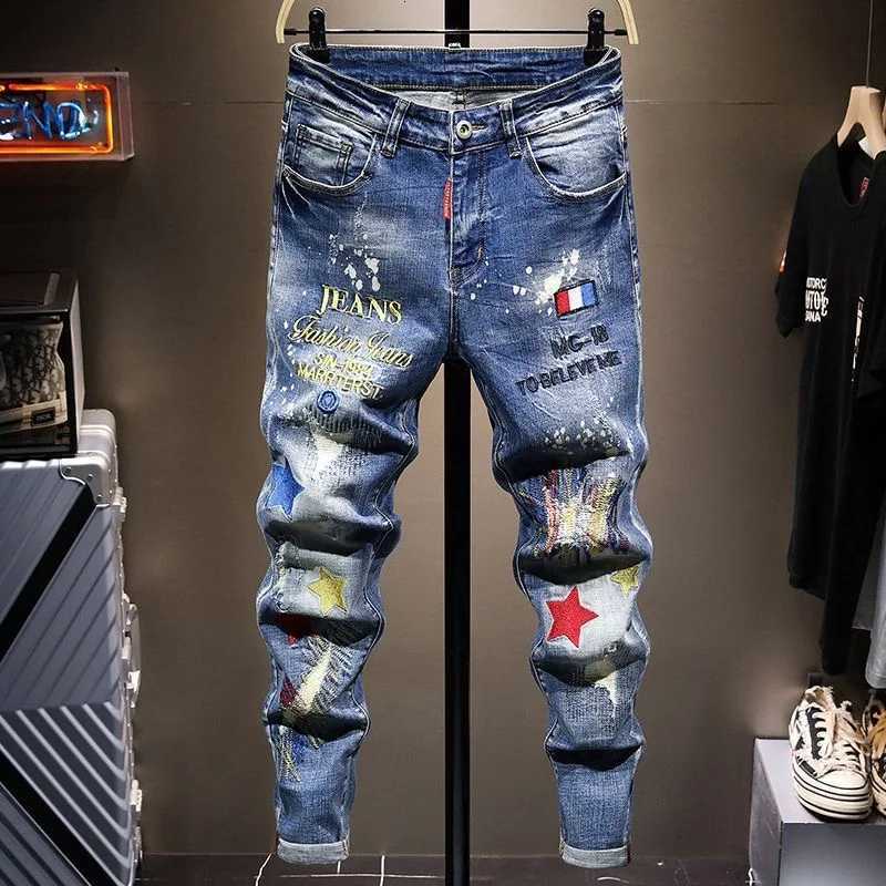 2024 Spring and Autumn Fashion Trend Printed Straight Leg Stretch Jeans Mens Casual Relaxed Breathable High-Quality Trousers X250812