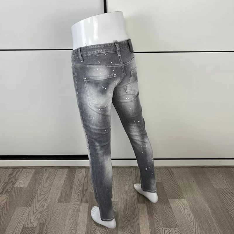 Latest designer high street fashion new mens jeans painted elastic slim fit washed vintage gray jeans hip-hop brand pants for men X250812