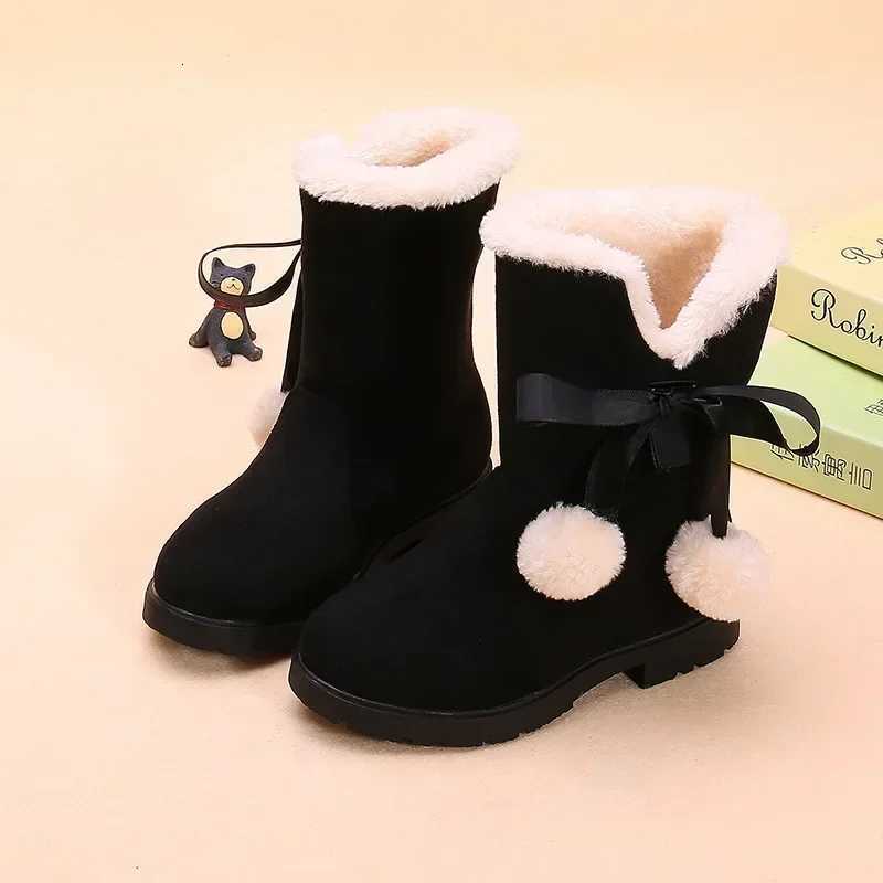 100% Cotton Linen Cotton Linen Cotton Linen for Girls Princess Medium Big Kids Snow Boots Warm Fur Bowtie with Hairball Cute Sweet Plush Suede Boots X