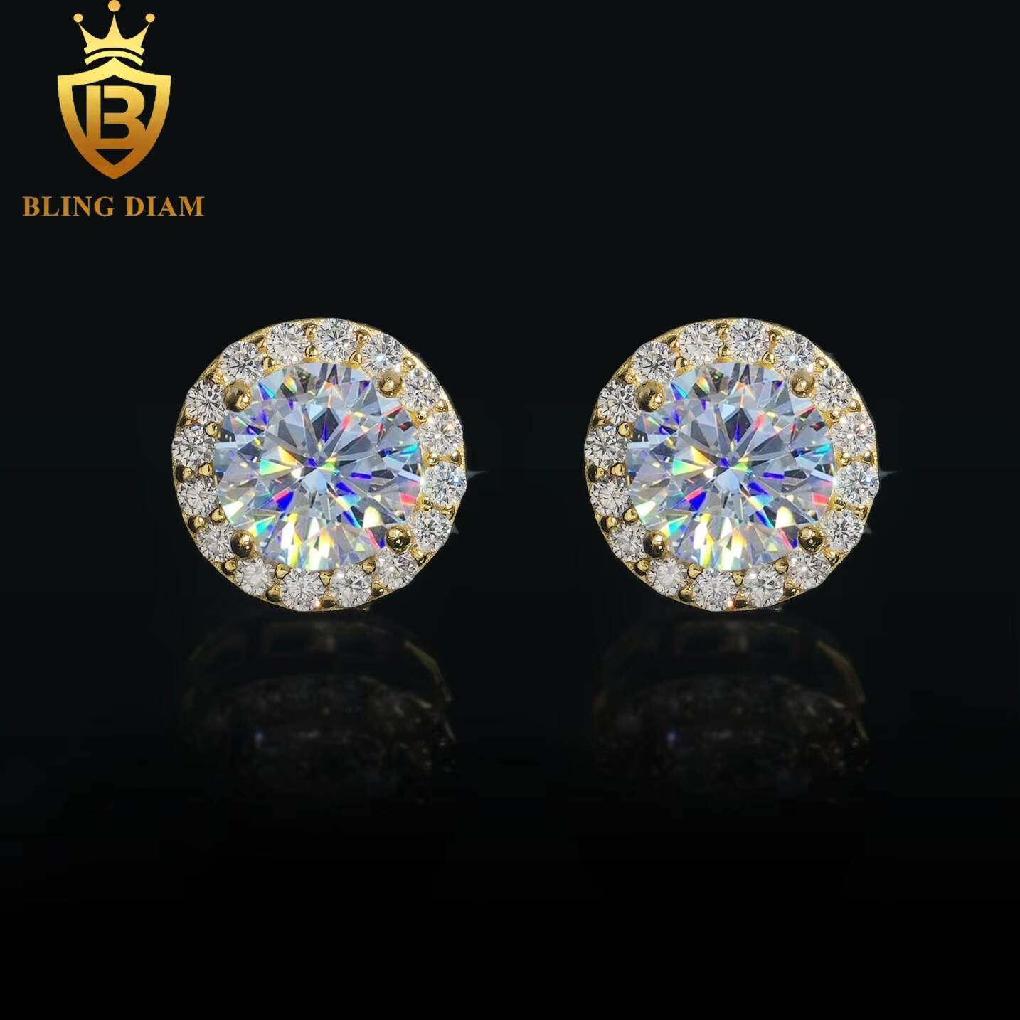Wholesale Jewelry 925 Sterling Silver Gold Plated Vvs Moissanite 8mm Diamond Earrings Stud Cluster for Trendy Men Women