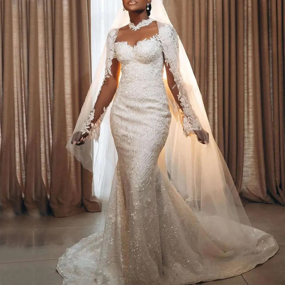 Shinny Mermaid Wedding Dresses for Bride African Bridal Gowns O Neck Long Sleeve Sweep Train Lace Appliques Sequined Beads Vestidos De Novia