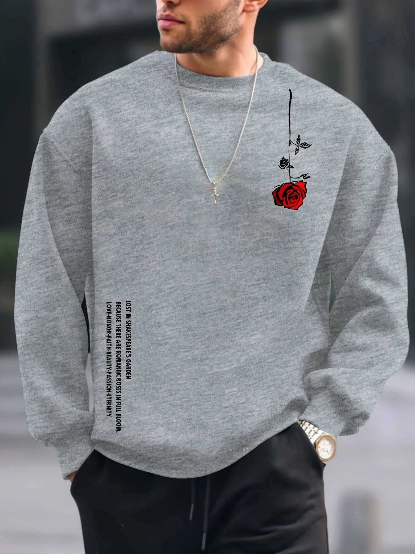 Mens autumn and winter fashionable casual loose plus rose pattern printed fleece pullover round neck long sleeved sweatshirt Y250811