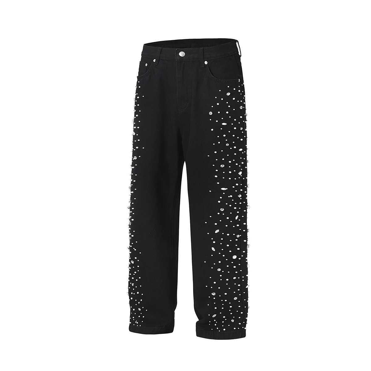 Full Rhinestone Beaded Baggy Jeans for Men Black Hot Drill Pearl Denim Trousers Streetwear Harajuku Straight Loose Cargo Pants X250812
