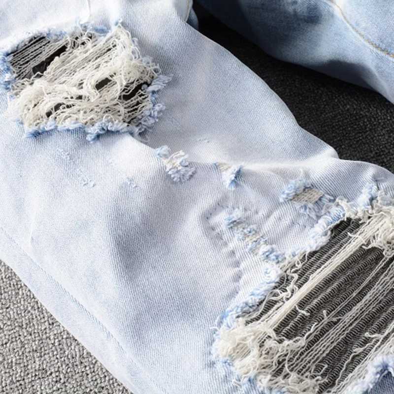 Mens Light Blue Pleated Patchwork Stretch Denim Jeans Streetwear Holes Ripped Pencil Pants Trendy Slim Skinny Trousers X250812