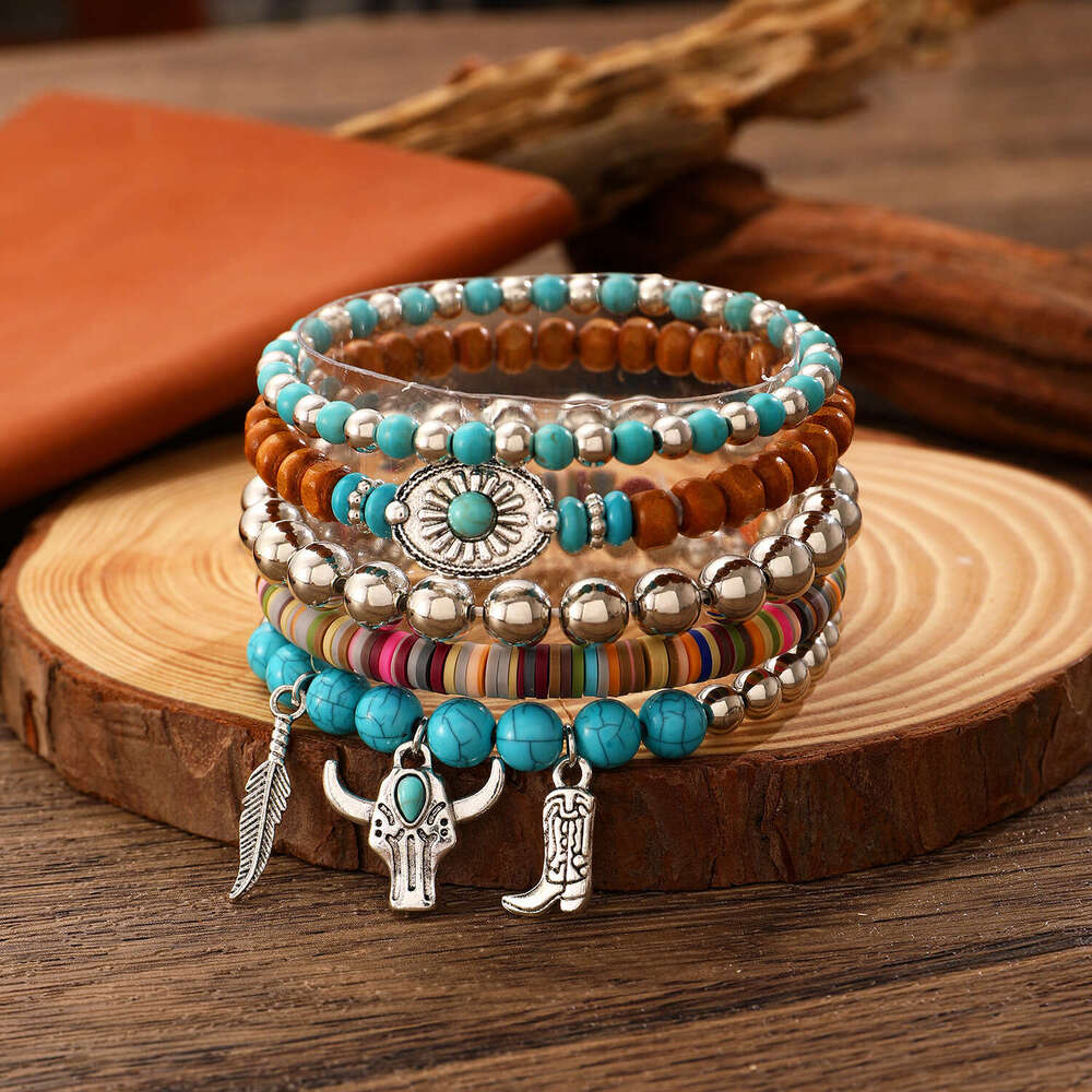 TEMU Bohemian Style Turquoise Wooden Bead Alloy Elastic Cord Men's Bracelet Women's Wristband