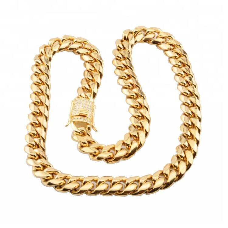 Hip Hop Stainless Steel Mens Jewelry Moissanite Clasp 18k Gold Plated Miami Cuban Link Chain Necklace