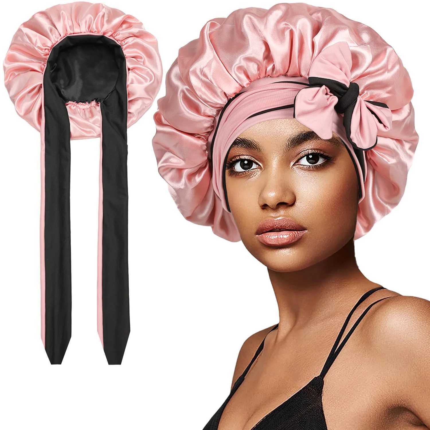 Women Double-layer Satin Sleep Cap Elastic Tie Band Night Shower Cap Adjustable Hair Head Cover Bonnet XJ250812
