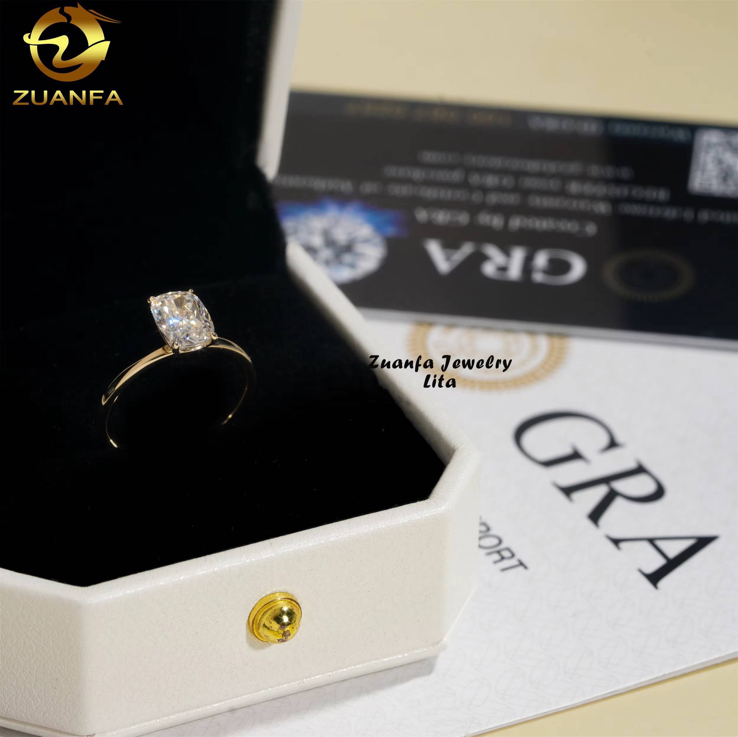 Fashion Single Diamond Engagement Wedding 2 ct Long Cushion Cut Moissanite 14k Real Gold Ring