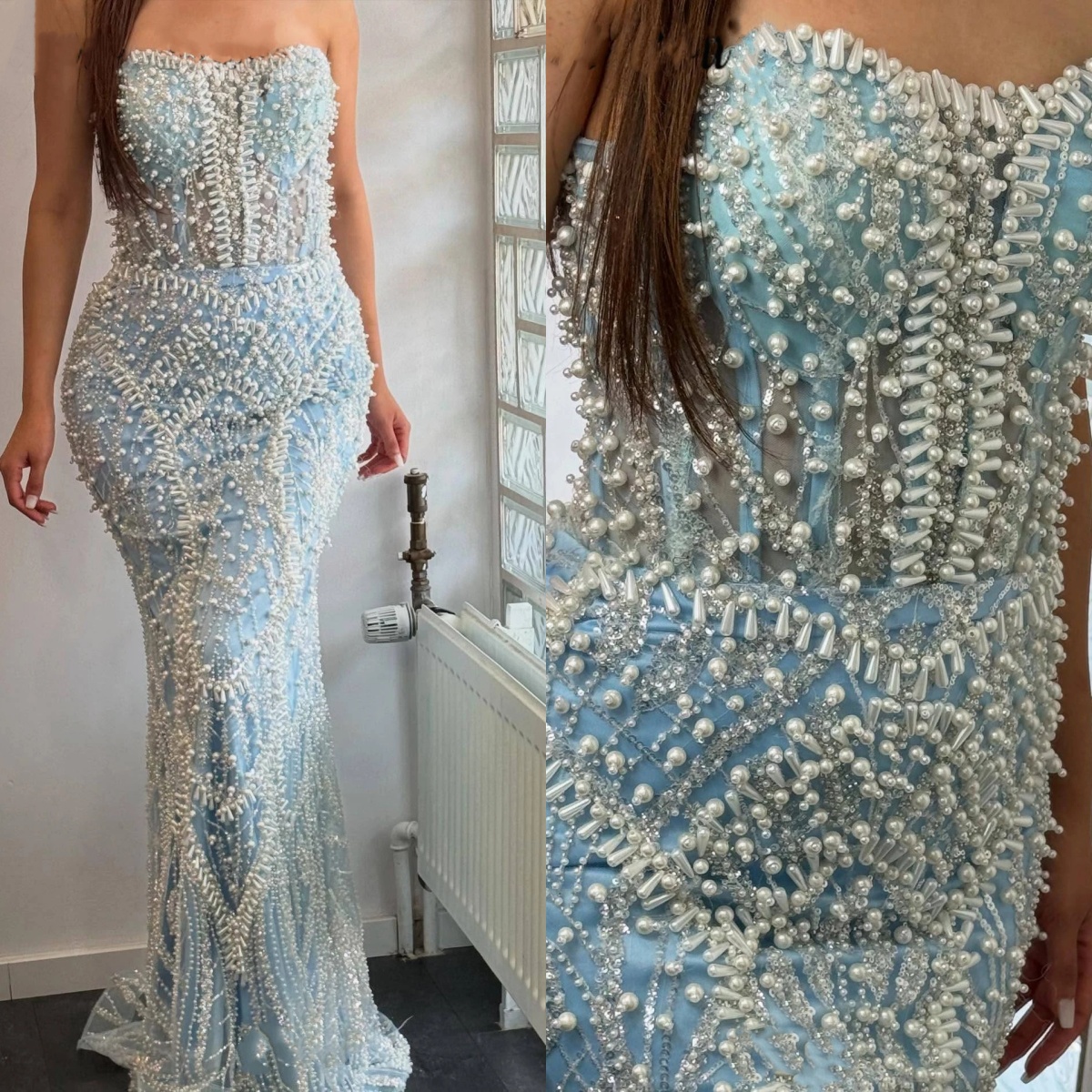 Gorgeous Evening Dresses For Women Sweetheart Neck Sleeveless Gown Beaded Pearls Sequins Sweep Train Dress Party Customized Dress