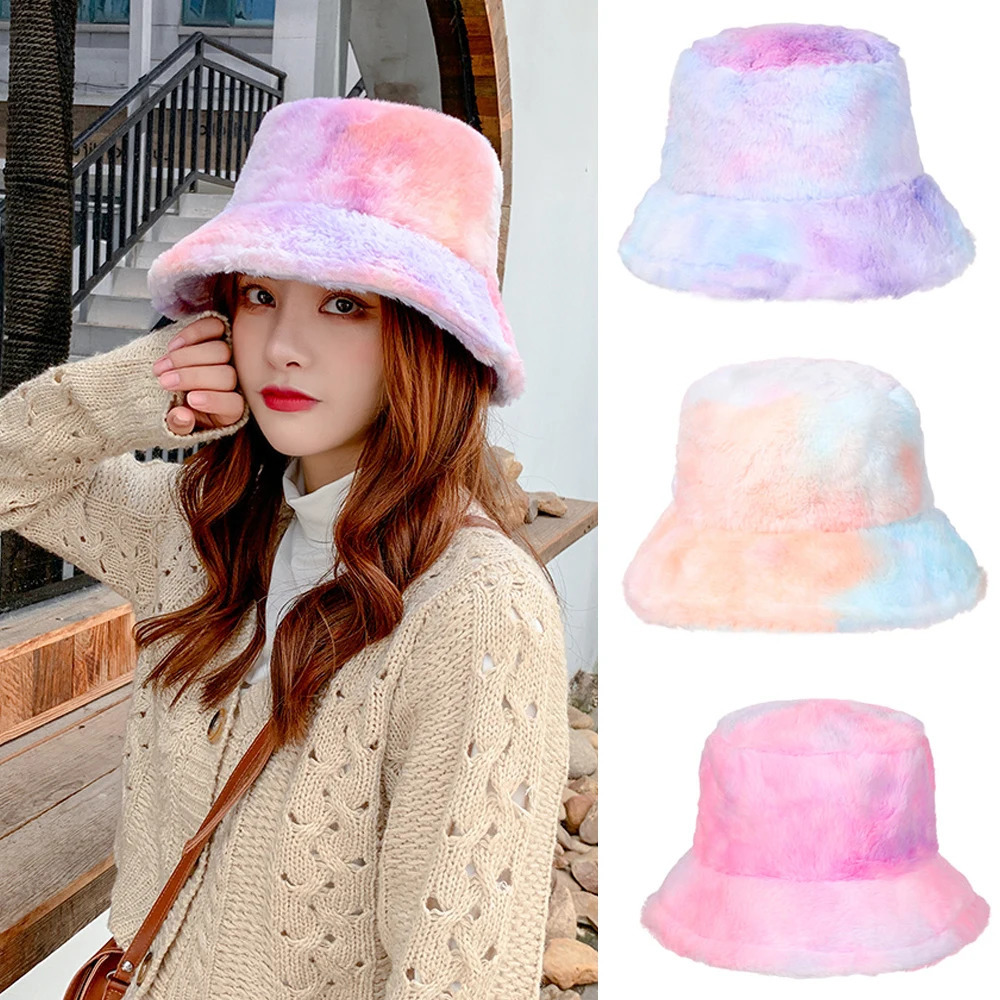 Soft Outdoor Vacation Girls Faux Fur Cap Tie-Dye Bucket Hats Winter Warm Hat Fishing Caps 250808