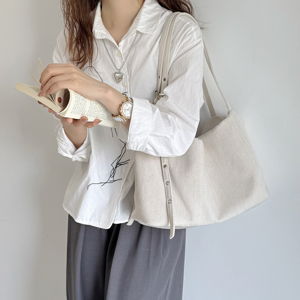 Korean Style Lazy Wind Denim Tote Canvas Simple Large Capacity Versatile Crossbody Casual Commuter Button Shoulder Bag ddmymarket