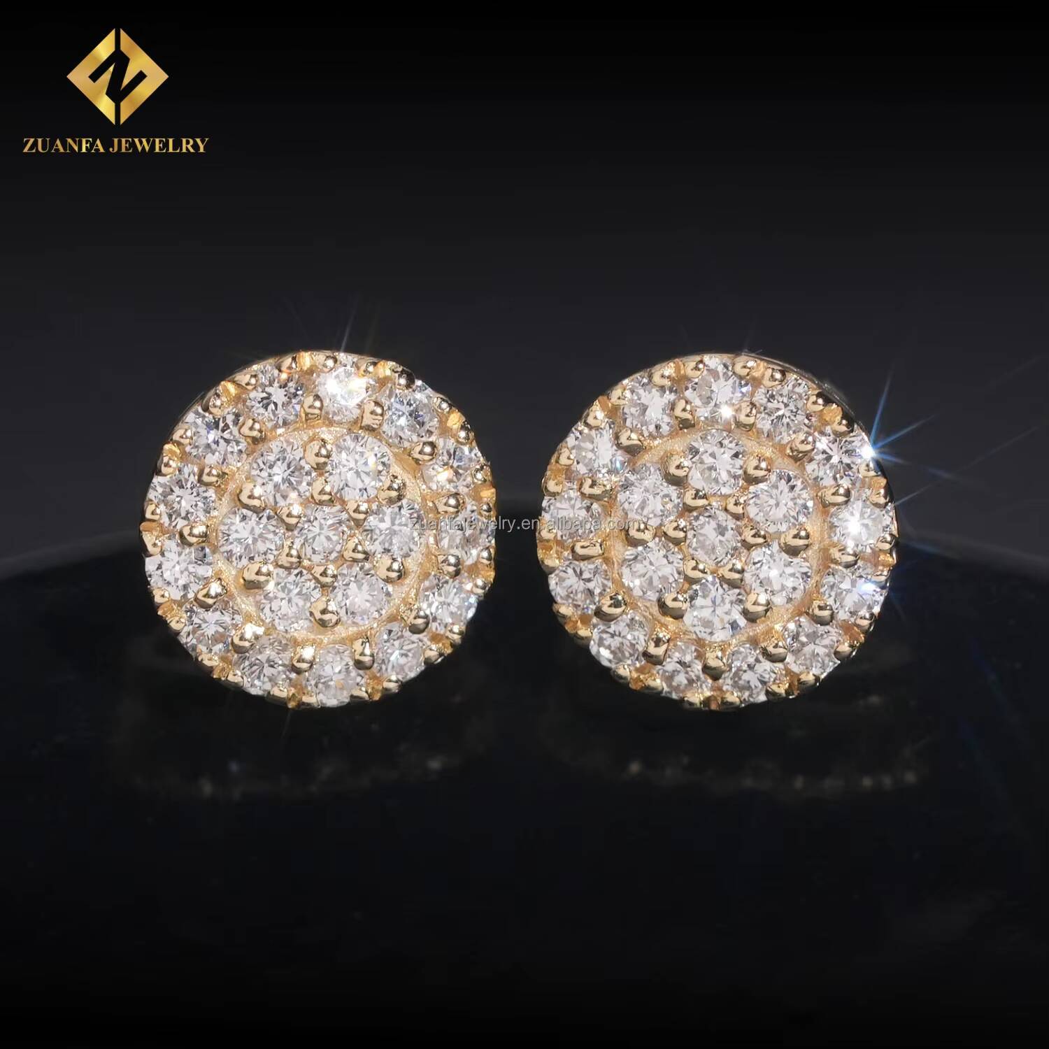 Luxury Hip Hop Style Trendy Iced Out 925 Sterling Silver Lab Grown HPHT Diamond Gold Plated Round Stud Earrings Screw Back Man