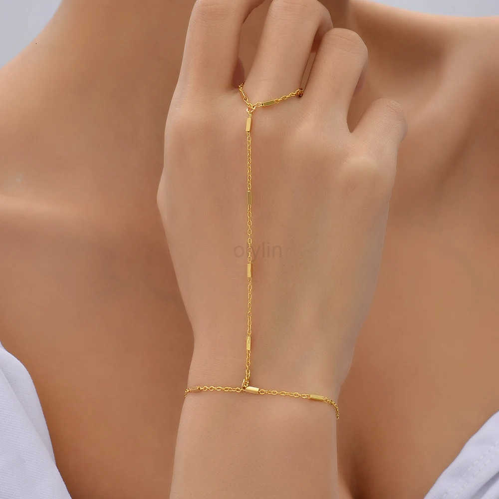 Creative Tiny Chain Bracelet Finger Rings For Women Gold Color Link Chains Connecting Hand Harness Bracelets Jewelry Gift M250812