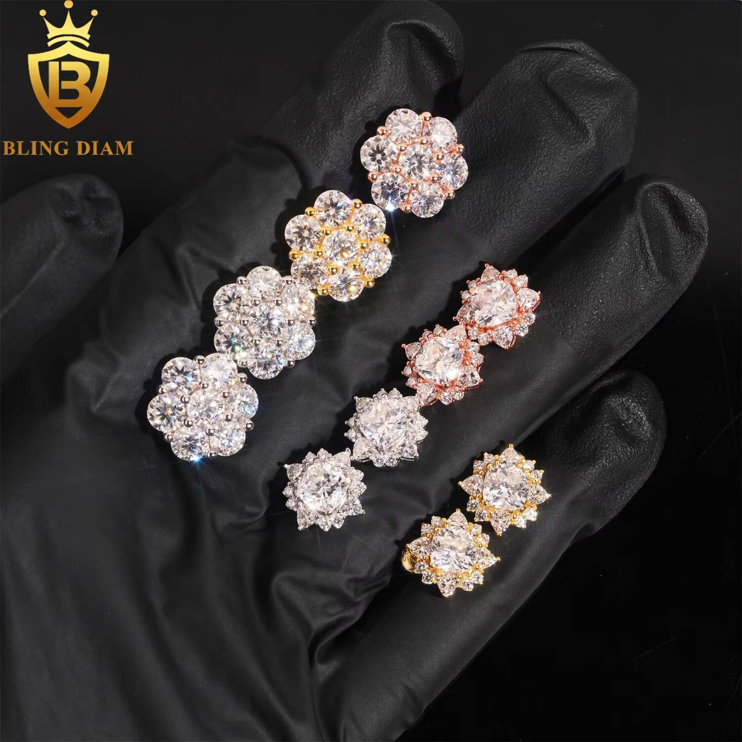 Pass Diamond Tester Fine Jewelry Luxury Cluster Flower Hip Hop 925 Sterling Silver Moissanite Stud Earrings