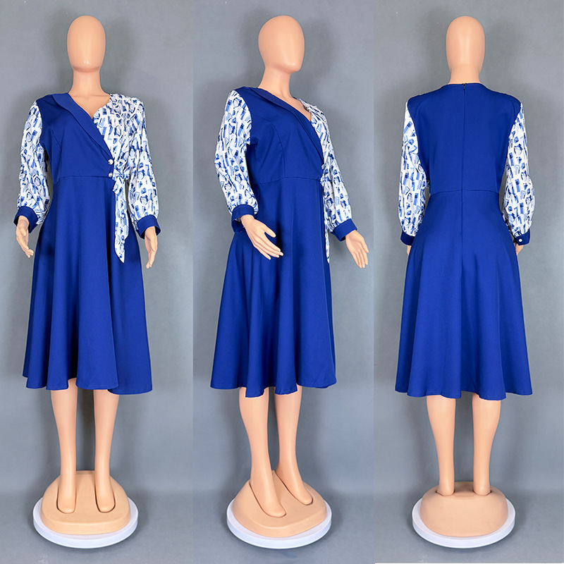 H84Cross-border popular women's clothing African print patchwork color skirt long sleeve dress