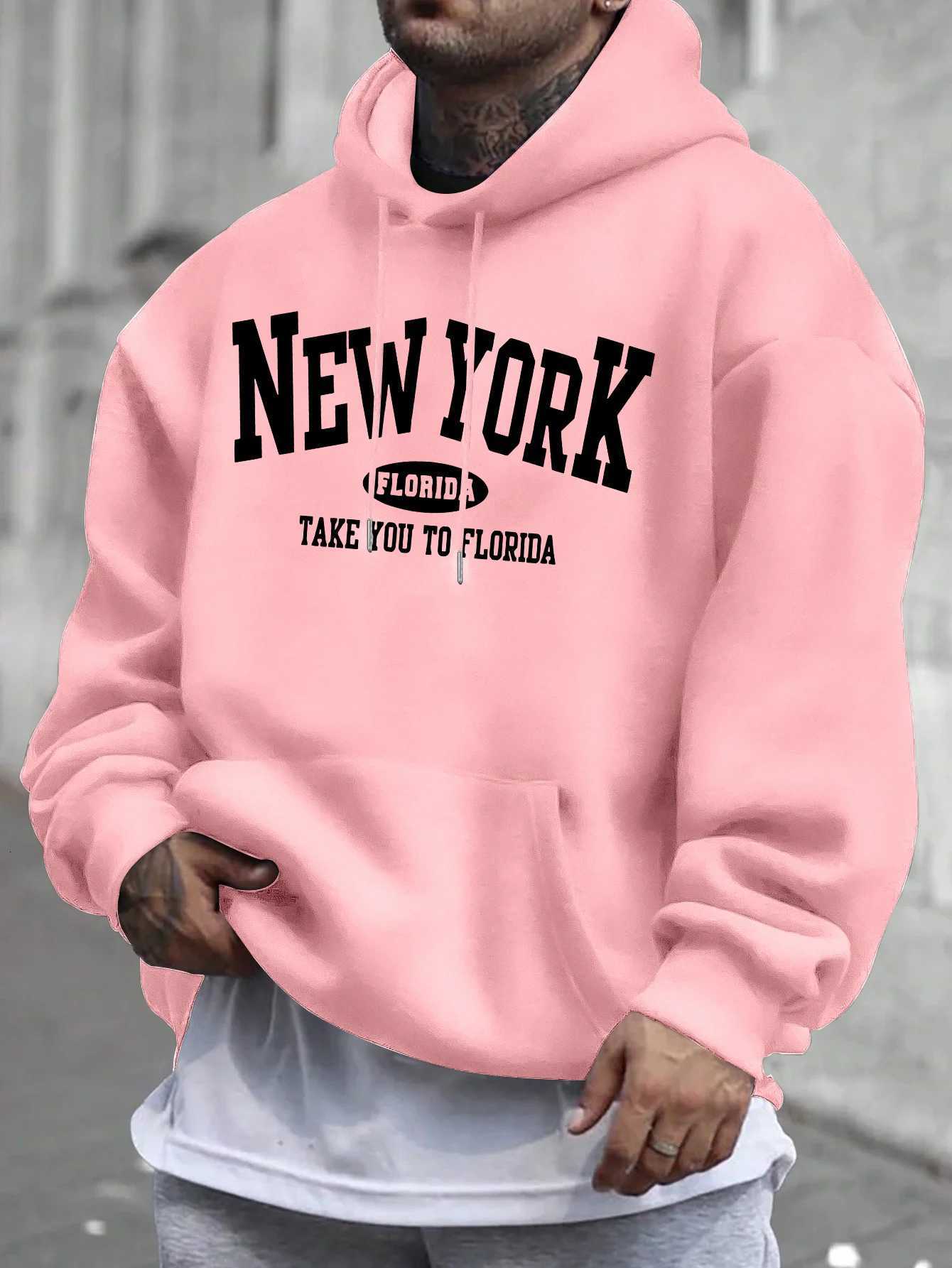Mens Casual Hoodie with New York Florida Graphic Print Geometric Design Front Pocket Machine for Spring Fall Casual Attire Y250811