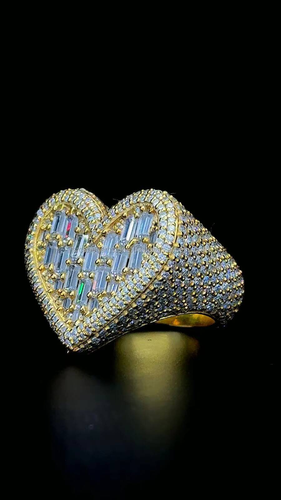 Women Love Heart Moissanite Baguette Gemstone Ring Anti-allergy 925 Silver Luxury Pearl 18K Gold Plated Hip Hop Style Jewelry