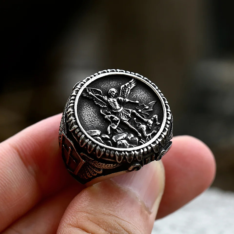 Punk Vintage Stainless Steel St Michael Rings Biker Fashion Cross Ring For Men Boys Renaissance Amulet Jewelry Gift Drop 250812