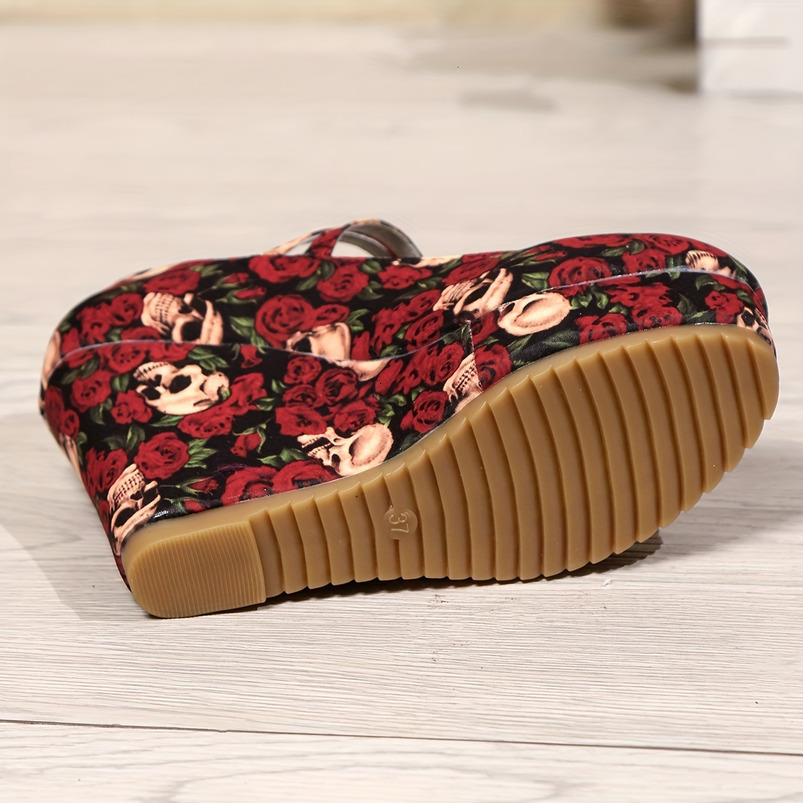 Graceful Ladies Wedge High Heels with Rose Print Glitter Embellishments - Comfortable and Stain-Resistant All-Season Platform Shoes