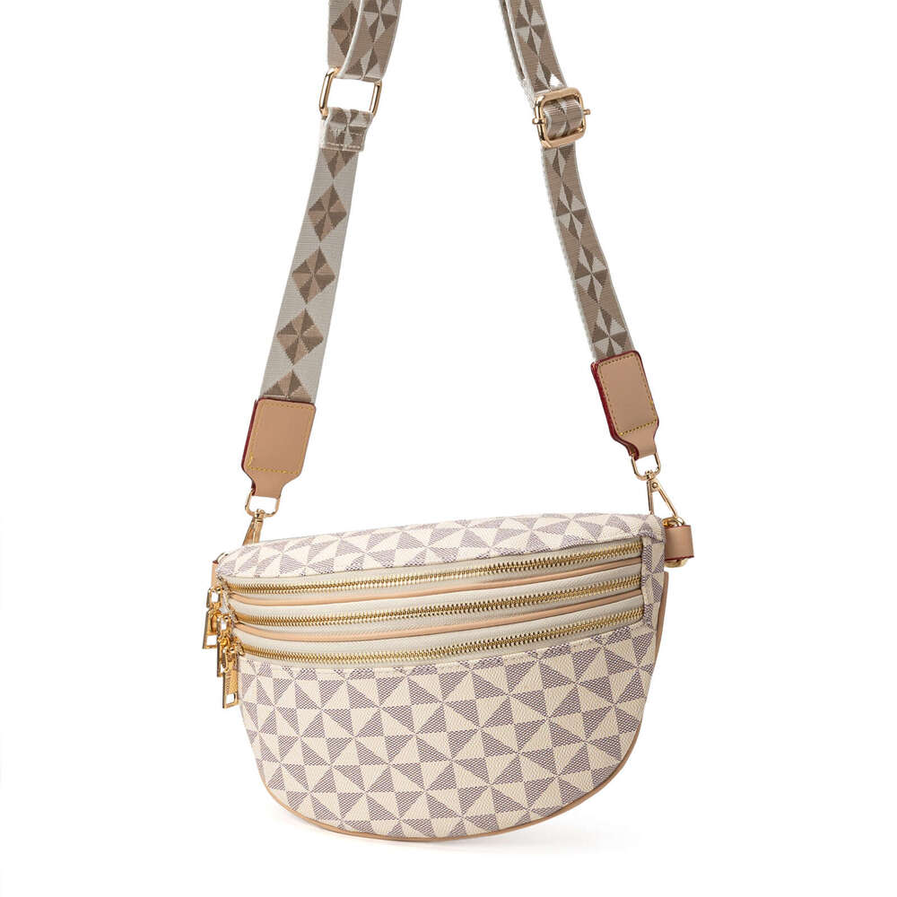 Lacel Urwebin Beige Triangle Pattern Fanny Pack, Women's Fashionable Waist Bag with Multi - Zipper Pockets, Adjustable Patterned Strap Crossbody