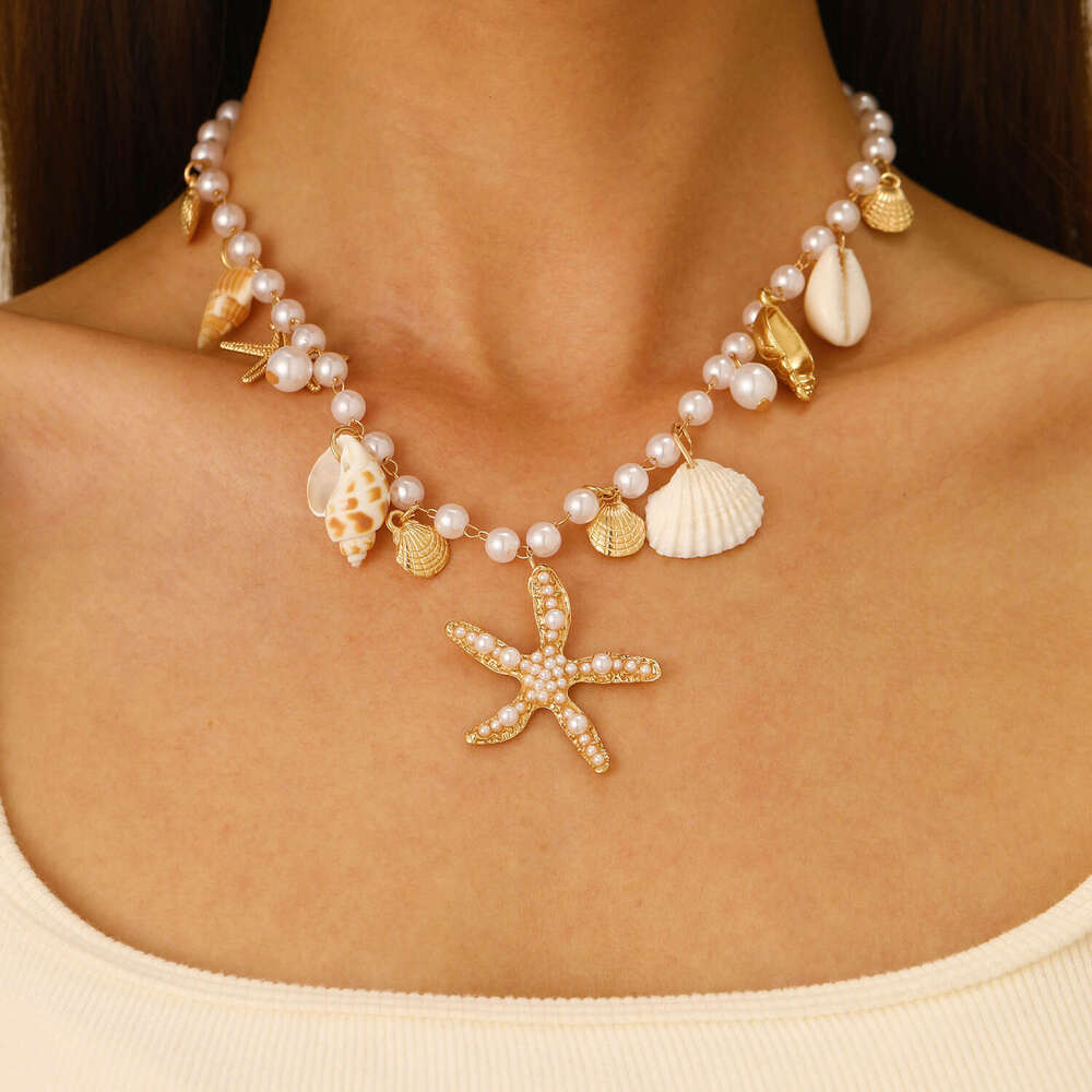 Bohemian Ocean Imitation Pearl Beaded Shell Conch Starfish Necklace for Women Beach Vacation Accessories