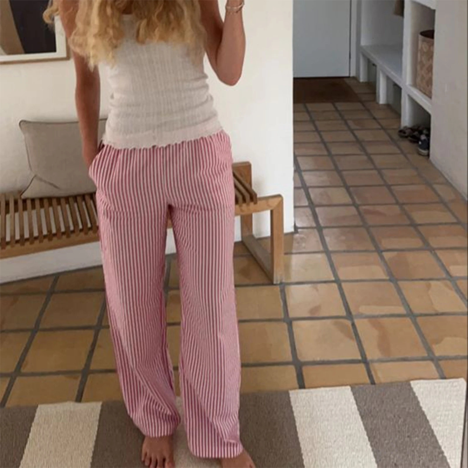 Gaono Womens Casual Stripe Print Pants Drawstring Elastic Waist Loose Straight Long Pants with Pockets Streetwear y2k Clothes 250811