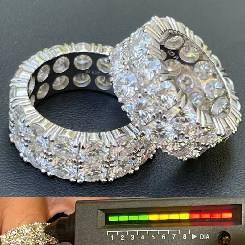 Pass Diamond Tester 2 Rows VVS Diamond Mens Womens Solid 925 Sterling Silver Hip Hop Iced Tennis MOISSANITE Ring
