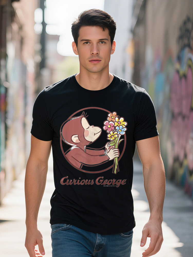 Curious George Flower Bouquet Graphic T-Shirt for Men Plus Size L XL Cotton Casual Crew Neck Short Sleeve