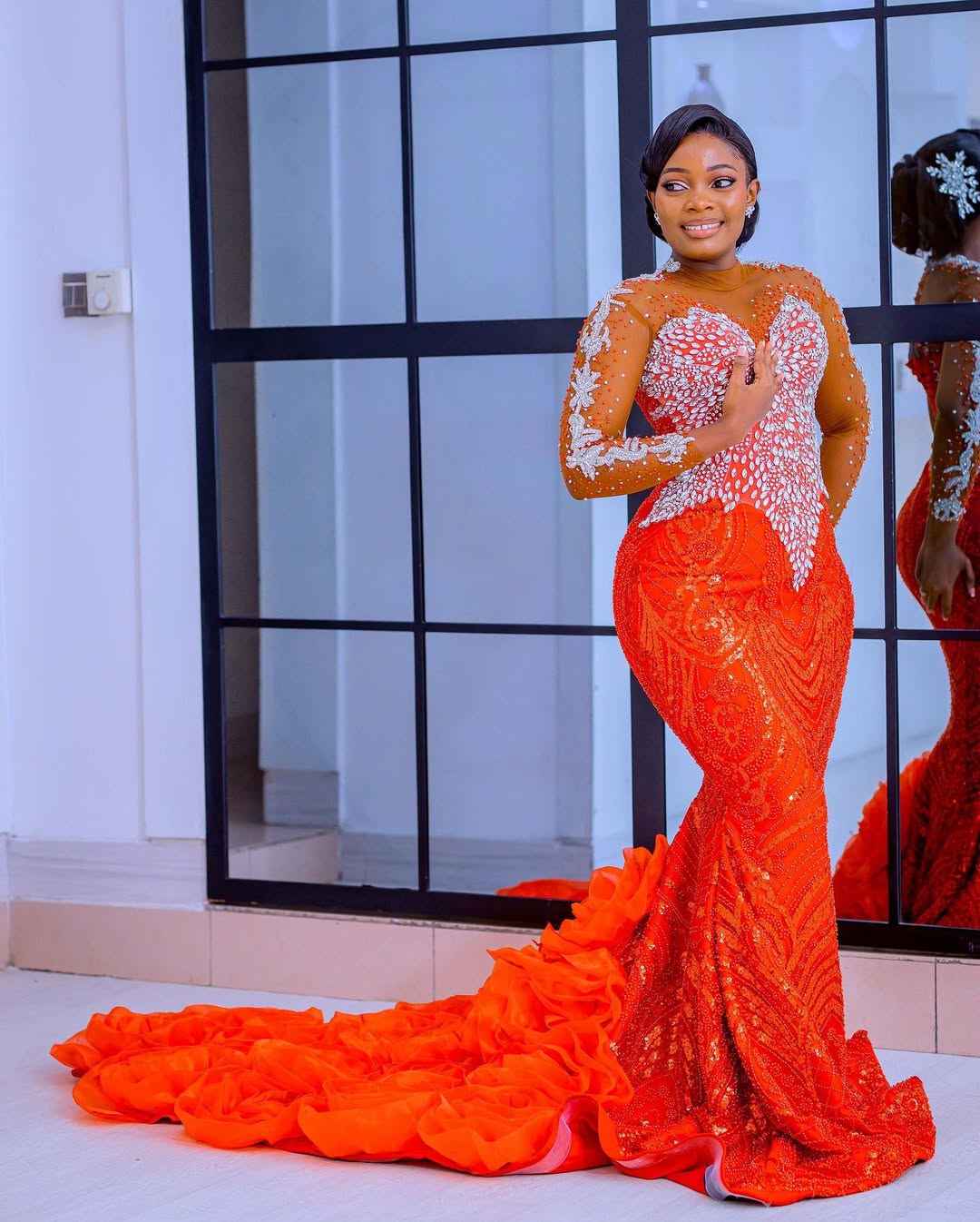 Mermaid Red Plus Size Prom Dress 2025 Evening Dresses For Special Occasions Sheer Neck Beaded Lace Appliqued Crystal Illusion Birthday Second Receptio