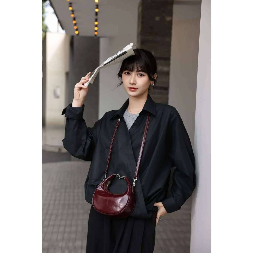 New Wine Red Commonly Used Half Moon Tote Glossy Oil Wax First Layer Cow Leather Women Crossbody Small Female Shoulder Bag