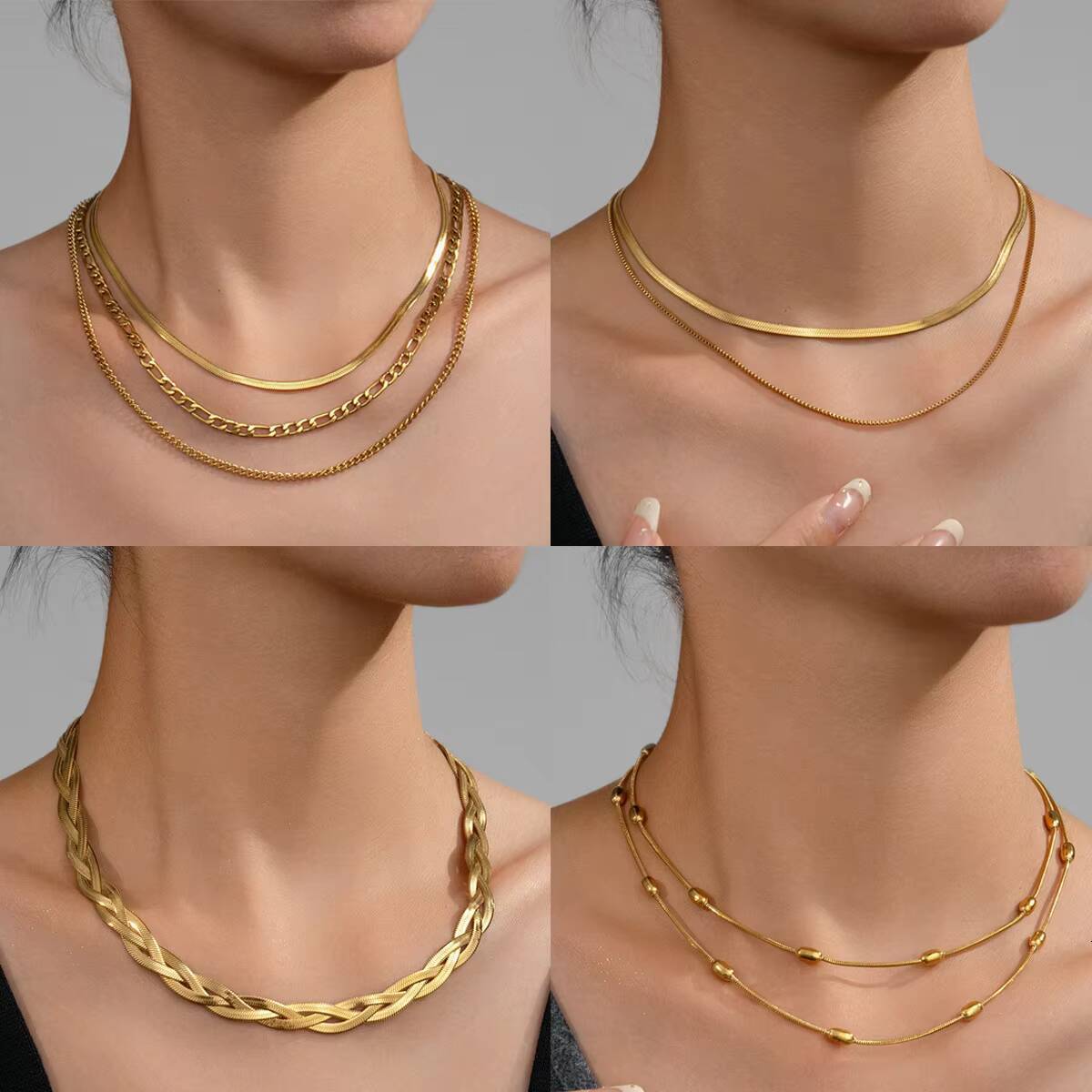 18K Gold Plated Herringbone Rope Chain Layered Necklace Stainless Steel Necklace Tarnish Free Waterproof Jewelry