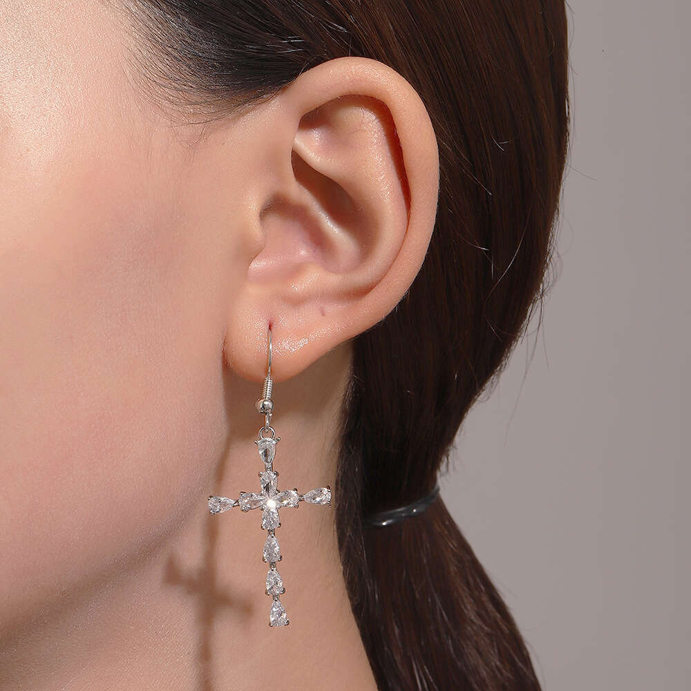 Gothic Dark Dia-Studded Ins Style Personality Temperament Cross Earrings for Women