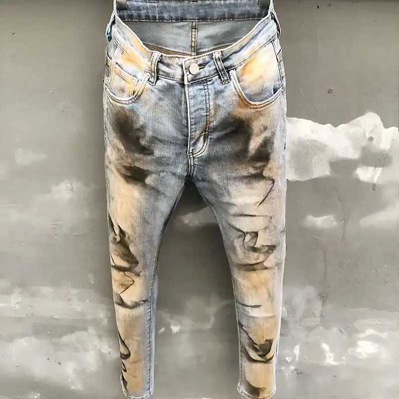 High Street Blue Mens Jeans Trendy Paint Inkjet Small Feet Elastic Jeans Hip Hop Stretch Trousers Jeans for Men Motorcycle Pants X250812
