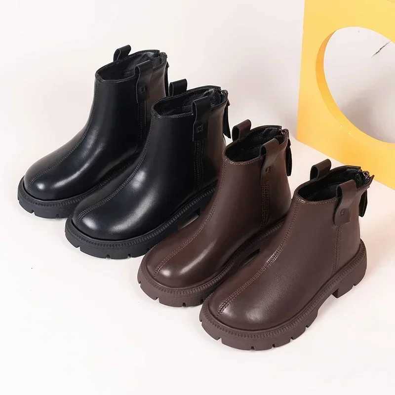Girls Ankle Boots Simple Design Classic Kids Rubber Boots Anti-skid Side Zipper Black Brown Plain Kids Boots Autumn Winter New XJ250812