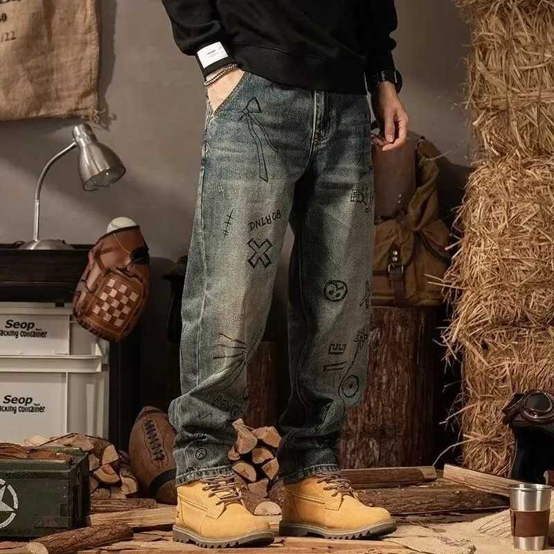Autumn and Spring Fashion Trend Printed American Vintage Straight Leg Jeans Mens Loose Sports Plus Size High-End Denim Pants X250812