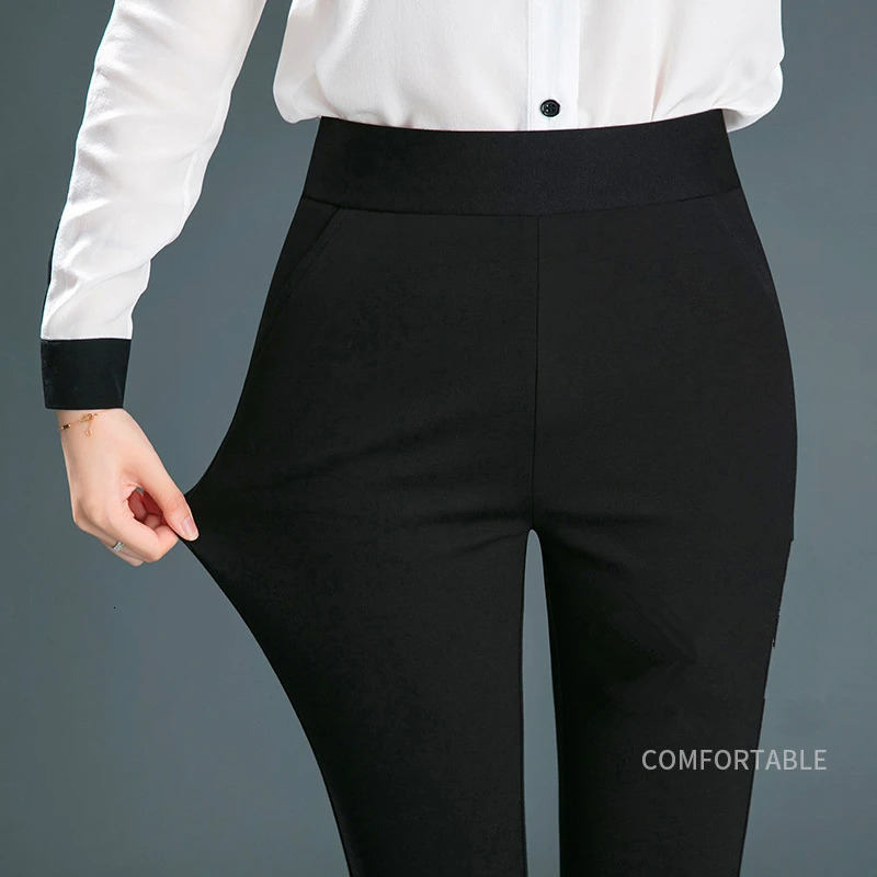 Black Womens Elastic Waist Pants Fashion Slim Flare Pant Khaki Camel Trousers Navy Blue Pantalones Female Asian Size S10XL 250811