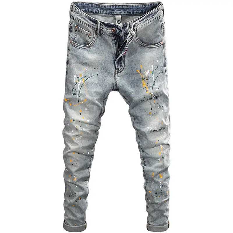 Mens Casual Spring Autumn Pencil Pants Patchwork Washed Hiphop Distressed Slim Designer Luxury Clothing Ink Jet Boyfriend Jeans X250812