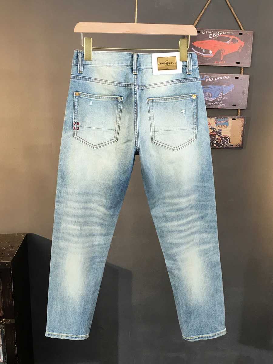 Light Blue Ripped Stretch Denim Jeans for Men - Summer Lightweight American High-Street Fashion Slim Straight-Cut Cropped Pants X250812