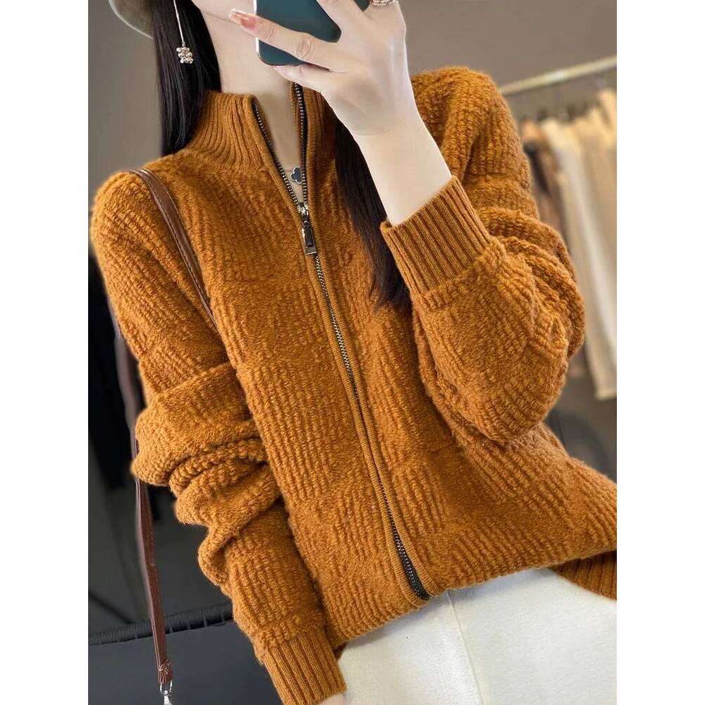 Women's 100% Pure Wool Cardigan Sweater Autumn Winter Half High Collar Zipper Kintwear Long Sleeved Loose Cashmere For Outerwear 20250811
