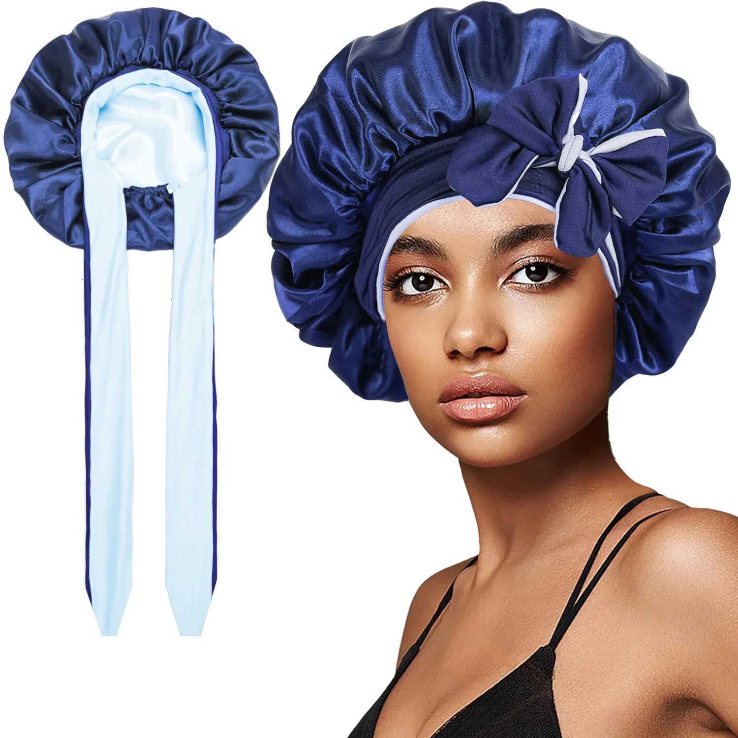 Women Double-layer Satin Sleep Cap Elastic Tie Band Night Shower Cap Adjustable Hair Head Cover Bonnet XJ250812